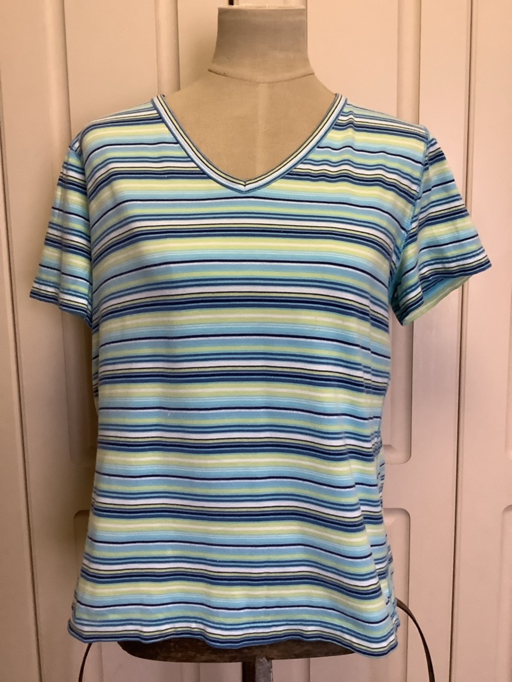 Cherokee V-Neck Shirt Top-Blue Aqua White Lime Green Stripe-Short Slv-Cotton-L